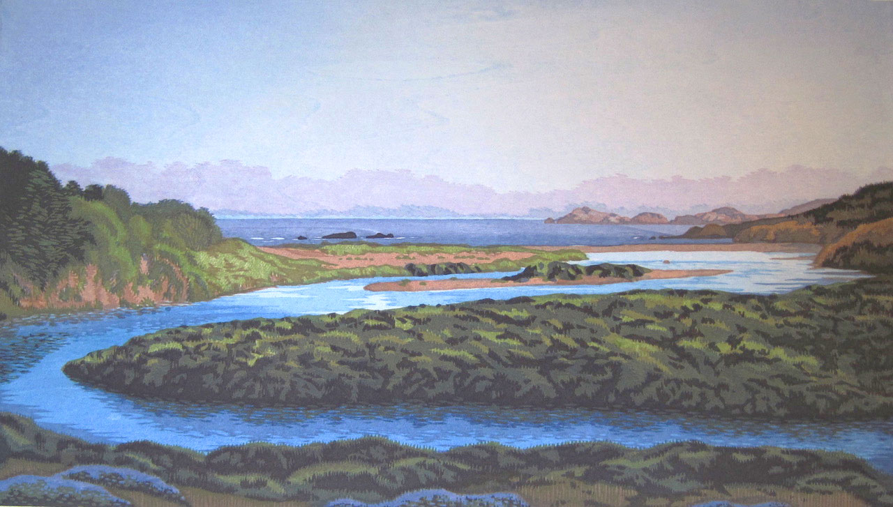 “Morning Tide, Gualala”, Watercolor Wood Block, 14” x 22”, conservation-matted, framed in light maple Morning Tide by Micah Schwaberow - Exhibit spotlight SK Gallery & Studio Gualala
